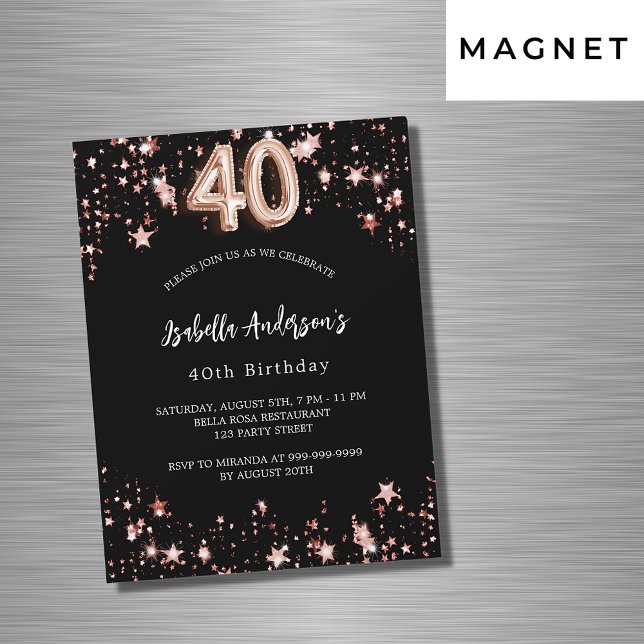 Invitación Magnética 40 años rosa negro estrellas de oro lujo (Subido por el creador)