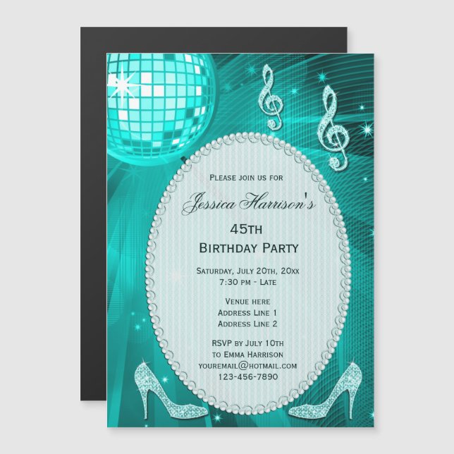 Invitación Magnética 45.º cumpleaños Sparkle Heels y Verde azulado Disc (Anverso/Reverso)