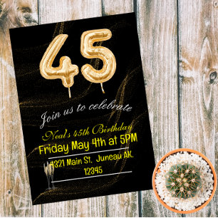 Invitación Magnética 45.º número de globos de oro negro