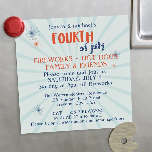 Invitación Magnética 4 de julio Fiesta de fuegos artificiales rojos y a (Subido por el creador)