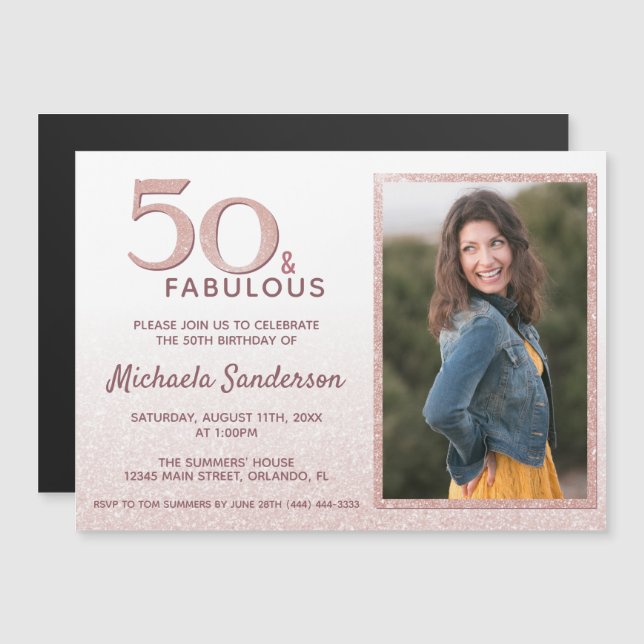 Invitación Magnética 50 y fabuloso Rosa Purpurina de oro elegante cumpl (Anverso/Reverso)
