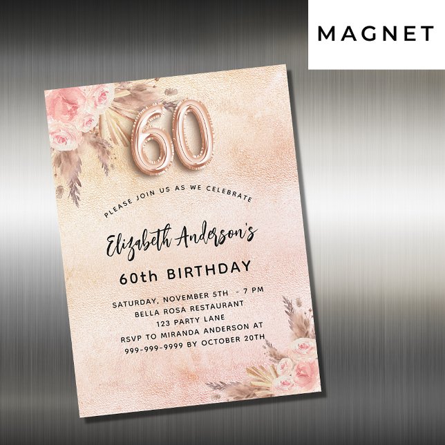 Invitación Magnética 60.º cumpleaños pampas rosa flores lujo (Subido por el creador)