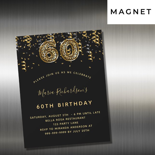 Invitación Magnética 60 años de oro negro patrón leopardo lujo (Subido por el creador)