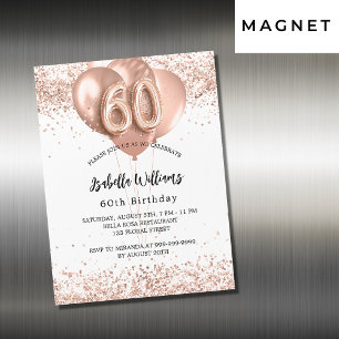 Invitación Magnética 60 años rosa globos dorados lujo blanco