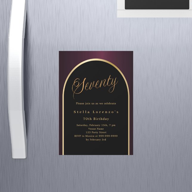 Invitación Magnética 70.º oro negro burdeos de cumpleaños lujo (Subido por el creador)