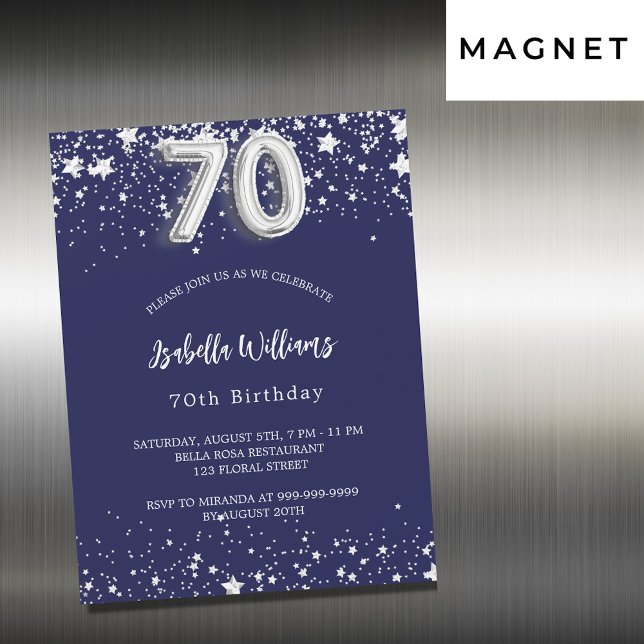 Invitación Magnética 70 años estrellas de plata azul marino lujo (Subido por el creador)