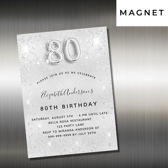 Invitación Magnética 80.º purpurina de plata de cumpleaños glamoroso (Subido por el creador)