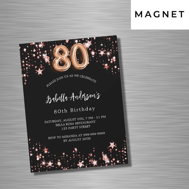 Invitación Magnética 80 años rosa negro estrellas de oro lujo (Subido por el creador)
