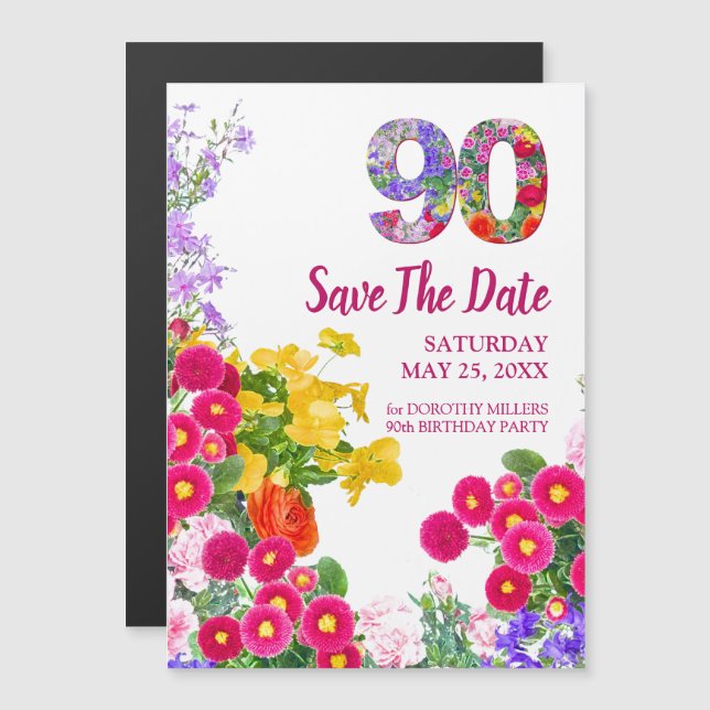 Invitación Magnética 90.ª floral de cumpleaños salva la fecha - Elegant (Anverso/Reverso)