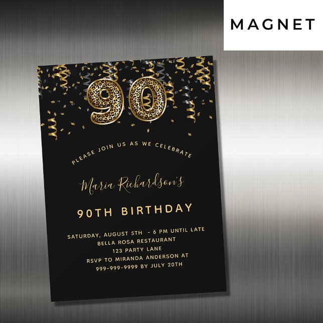 Invitación Magnética 90 años de oro negro leopardo impresión lujo (Subido por el creador)