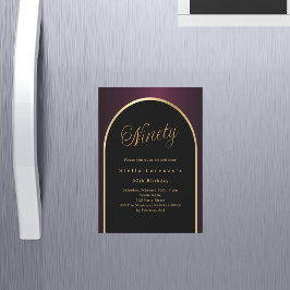 Invitación Magnética 90 cumpleaños negro arca de oro burdeos de lujo