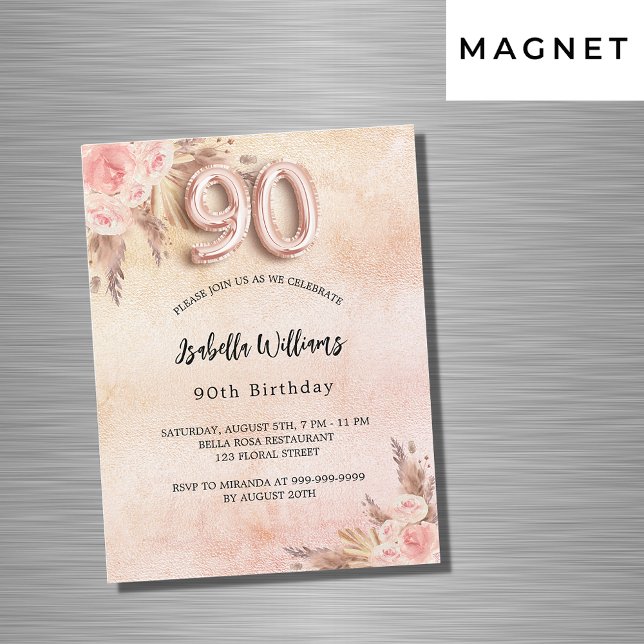 Invitación Magnética 90 cumpleaños pampas rosa oro floral lujo (Subido por el creador)