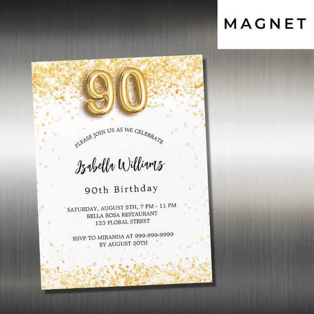 Invitación Magnética 90 cumpleaños purpurina de oro blanco (Subido por el creador)