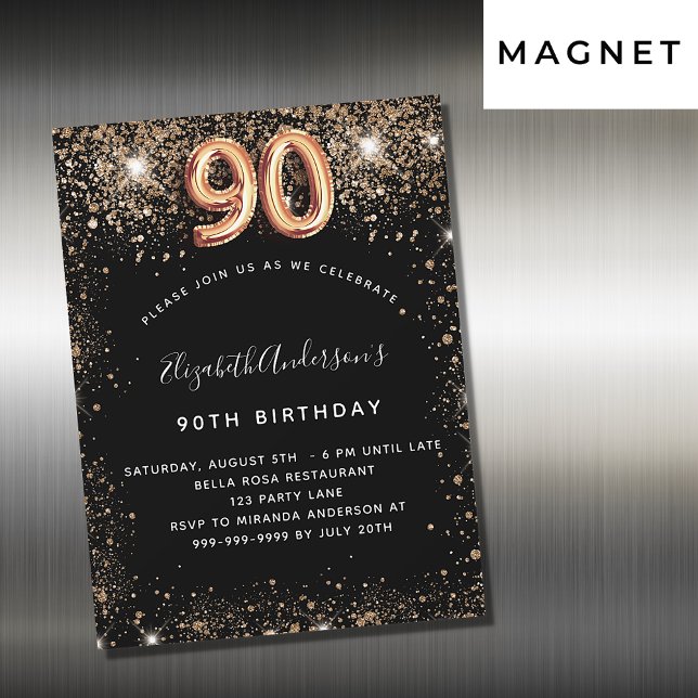 Invitación Magnética 90 cumpleaños purpurina de oro negro despierta luj (Subido por el creador)