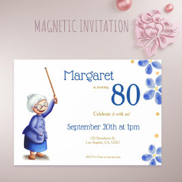 Invitación Magnética Abuela floral azul con caña 80 cumpleaños
