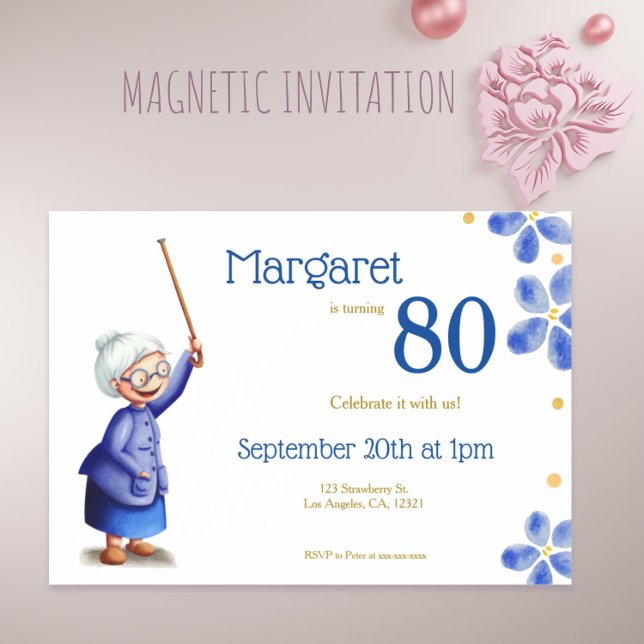 Invitación Magnética Abuela floral azul con caña 80 cumpleaños (Blue Floral Grandmother with Cane 80th Birthday Magnetic Invitation )