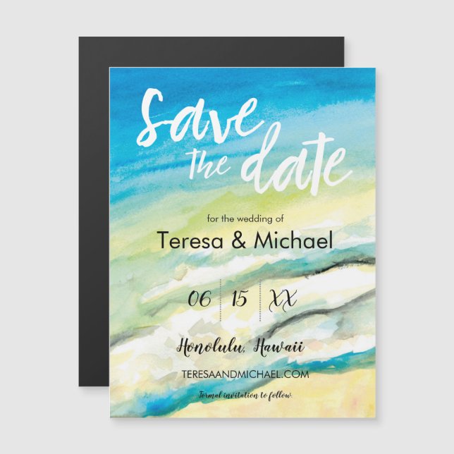 Invitación Magnética Acuarela de playa de bodas de destino personalizad (Anverso/Reverso)