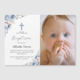 Invitación Magnética Acuarela Dusty Azul Floral Baptismo Fantástico