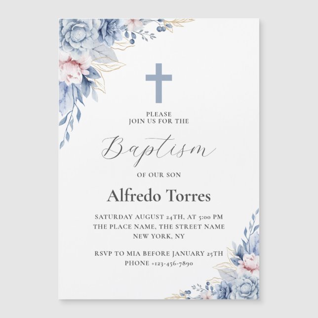 Invitación Magnética Acuarela Elegante Dusty Azul Floral Baptismo Bebé (Anverso)