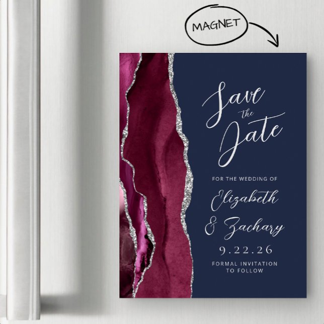 Invitación Magnética Agate Burgundy Silver Wedding Navy Save the Date (Subido por el creador)