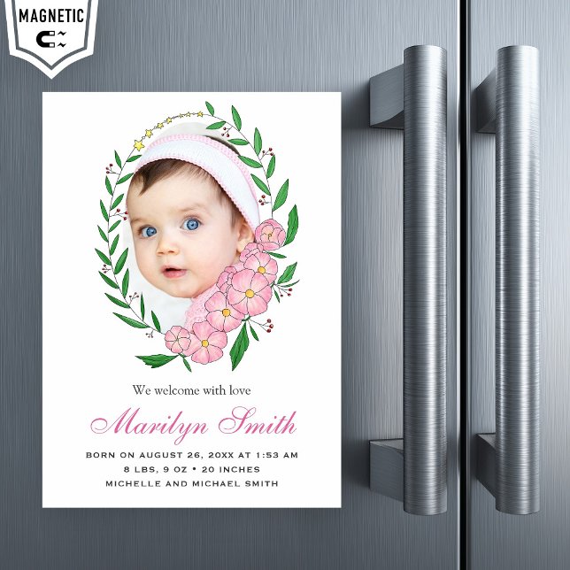 Invitación Magnética Agradable Anuncio de nacimiento de una floral rosa (Subido por el creador)