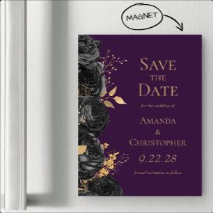 Invitación Magnética Ahorre la fecha de boda floral púrpura oro negro
