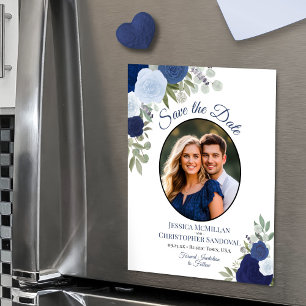 Invitación Magnética Ahorro de fecha de boda floral boho azul y foto