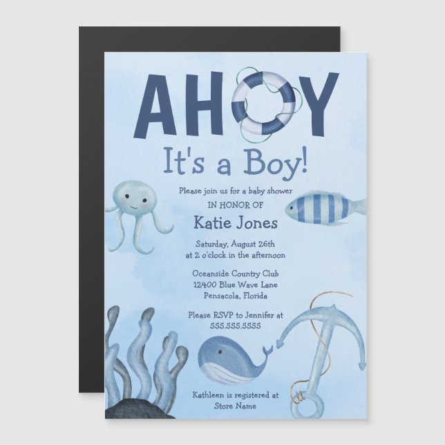 Invitación Magnética Ahoy es un Baby Shower costero de Boy Ocean Animal (Anverso/Reverso)