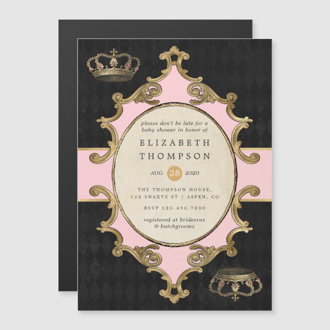 Invitación Magnética Alicia rosa y dorada en Baby Shower de maravillas (Anverso/Reverso)