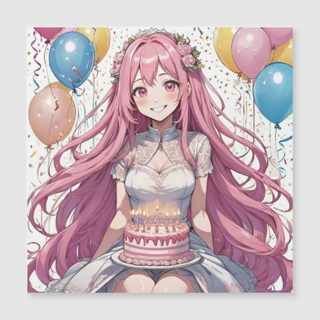 Invitación Magnética Anime Chica cumpleaños rosa (Anverso)