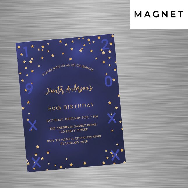 Invitación Magnética Aniversario de las estrellas de oro azul marino añ (Subido por el creador)