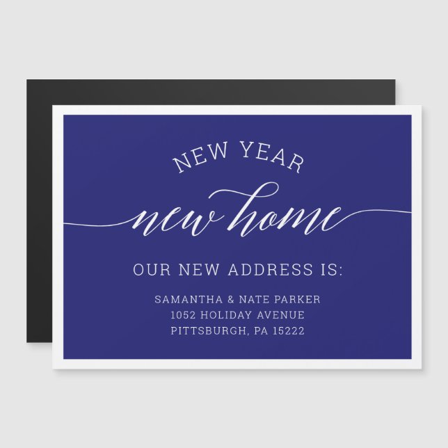 Invitación Magnética Año Nuevo | Anuncio de Mudanza Azul de Nueva Casa (Anverso/Reverso)