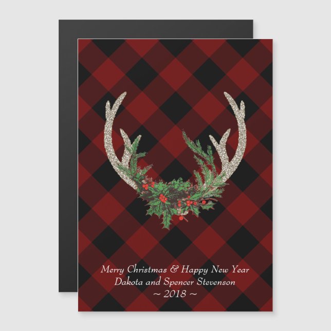 Invitación Magnética Antómanos rusos del Boho Deer| Navidades Plaid Flo (Anverso/Reverso)