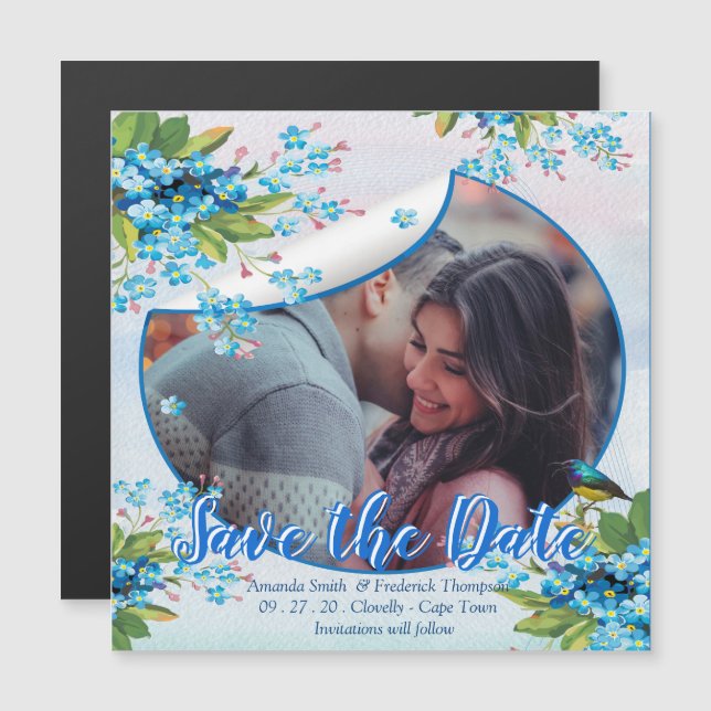 Invitación Magnética Anuncio de fechas de boda con flor de nomeolvides  (Anverso/Reverso)