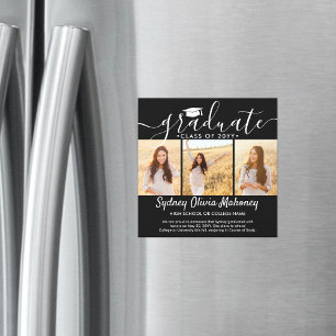 Invitación Magnética Anuncio de graduación magnético negro con 3 fotos