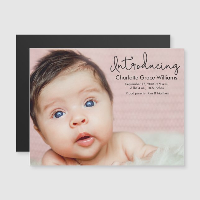 Invitación Magnética Anuncio de nacimiento de bebé niña con foto magnét (Anverso/Reverso)