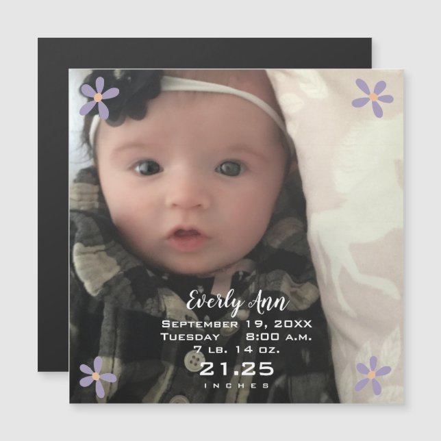 Invitación Magnética Anuncio de nacimiento magnético de Baby Girl Purpl (Anverso/Reverso)