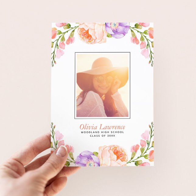 Invitación Magnética Anuncios de graduación de fotos de acuarela floral (Subido por el creador)