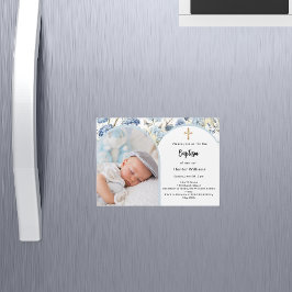 Invitación Magnética Arco de flores azules foto niño cruz Bautizo