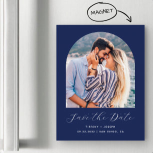 Invitación Magnética Arco de Foto Boho Minimalista Script Azul Marino