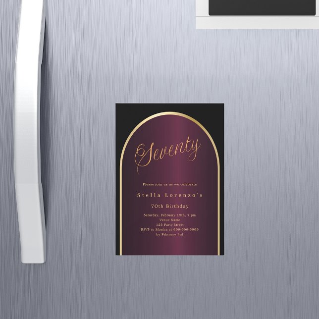 Invitación Magnética Arco de oro burdeos negro lujo 70 cumpleaños (Subido por el creador)