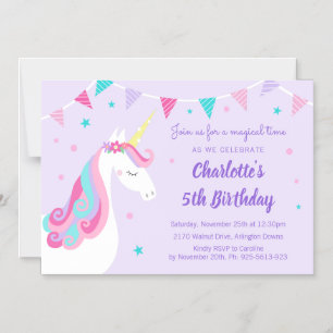 Invitación Magnética Arcoiris singulares Unicornio 5 cumpleaños morado