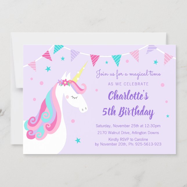 Invitación Magnética Arcoiris singulares Unicornio 5 cumpleaños morado (Anverso)