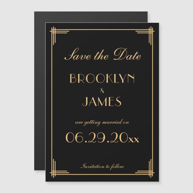 Invitación Magnética Art Deco Gatsby Black Save The Date (Anverso/Reverso)
