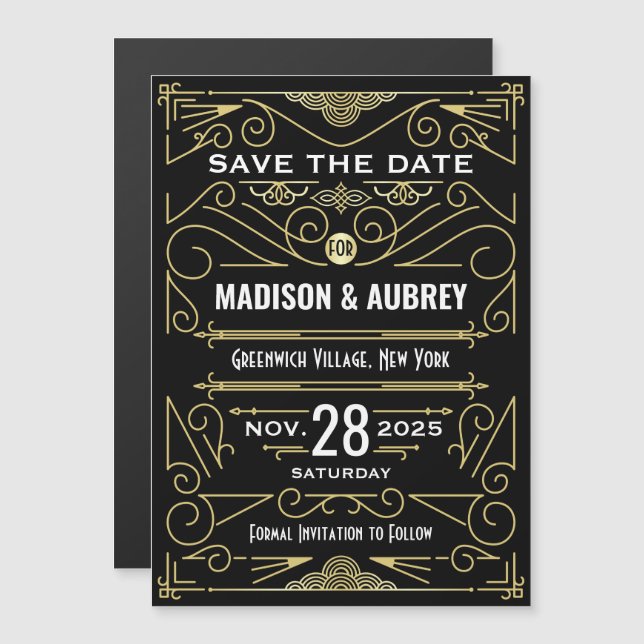 Invitación Magnética Art Deco Guardar la fecha Boda elegante oro negro (Anverso/Reverso)