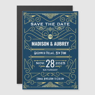 Invitación Magnética Art Deco Salvar la fecha Boda Elegante Oro Azul