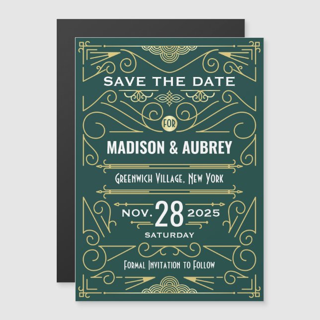 Invitación Magnética Art Deco Salvar la fecha Boda Elegante Oro Verde (Anverso/Reverso)