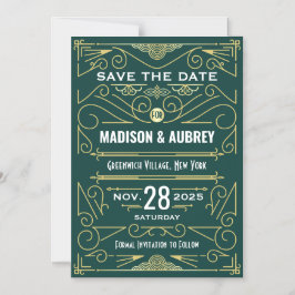 Invitación Magnética Art Deco Salvar la fecha Boda Elegante Oro Verde