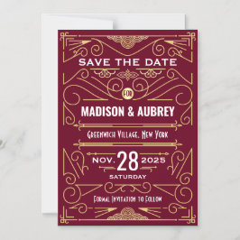 Invitación Magnética Art Deco Salve la fecha Boda oro Borgoña