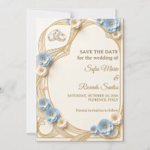 Art Nouveau Pastel Azul Dorado Boda Salva La Fecha